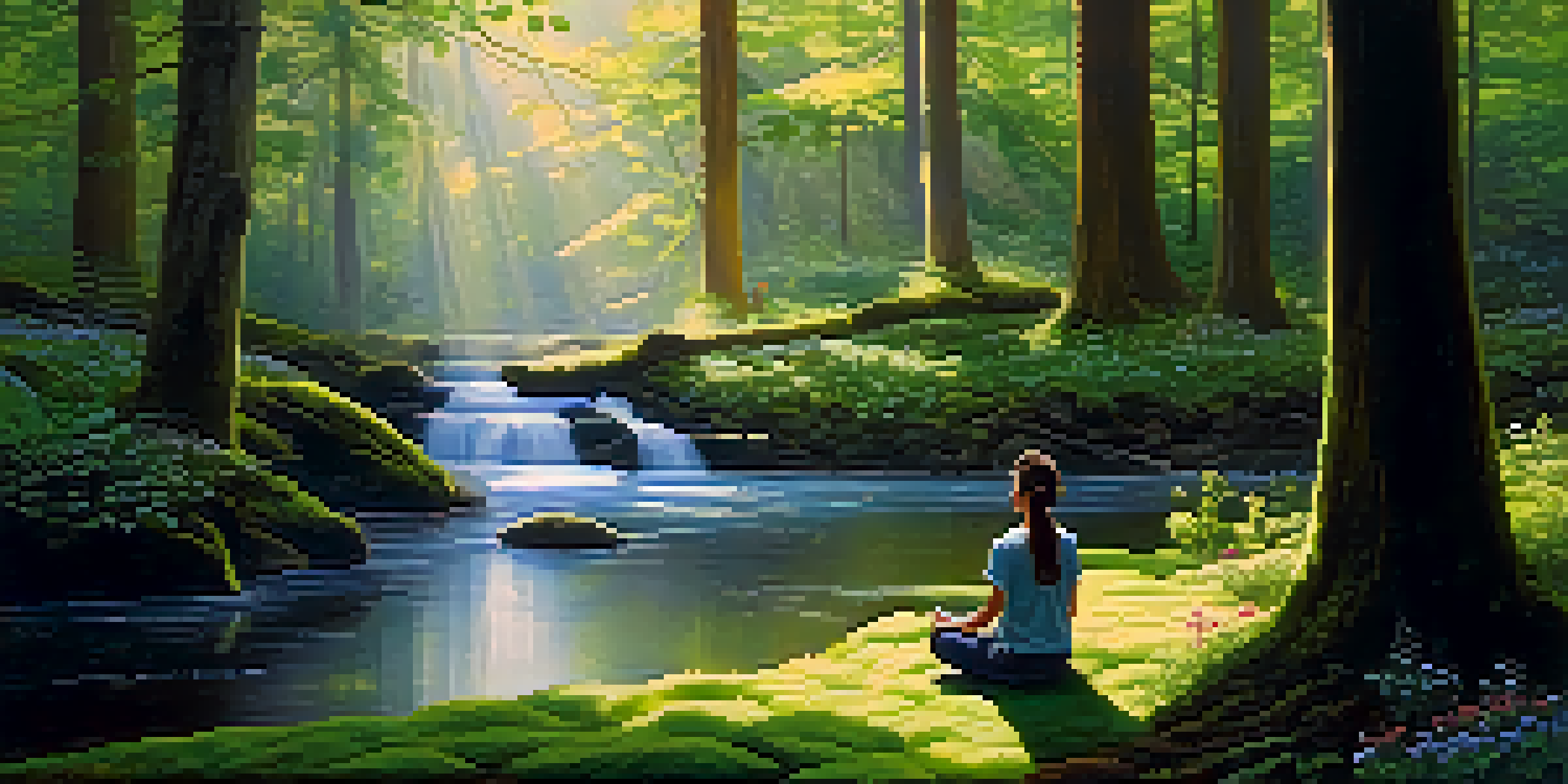 A person meditating in a peaceful forest, surrounded by trees and flowers, with sunlight streaming through the leaves.