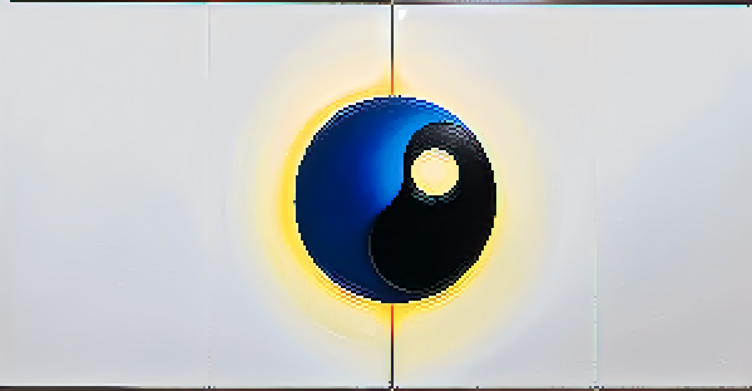 An abstract yin-yang symbol with one half in warm colors and the other in cool dark hues, featuring a glowing orb at the center.