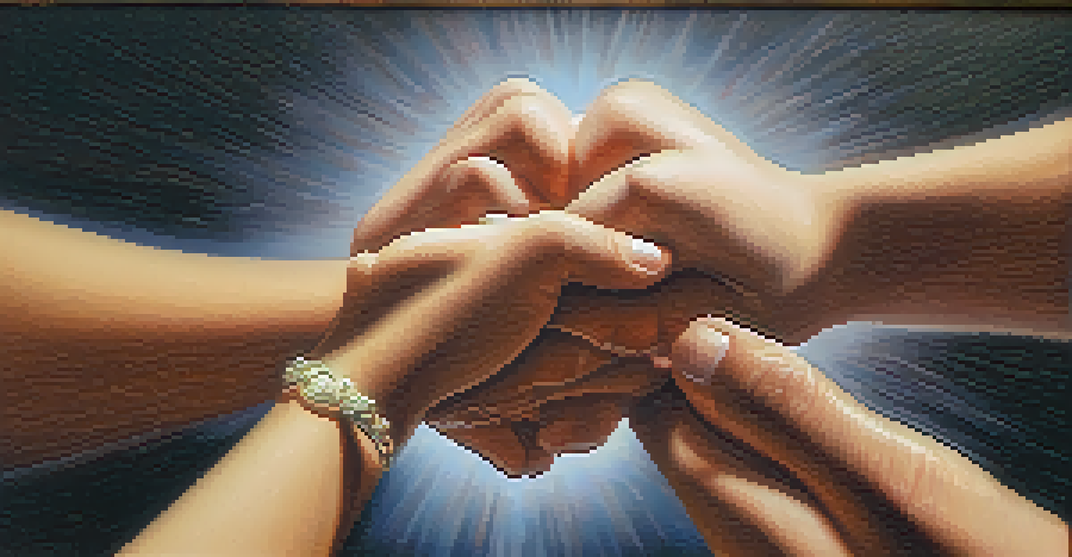 Diverse hands exchanging a heart-shaped object, symbolizing kindness and connection.