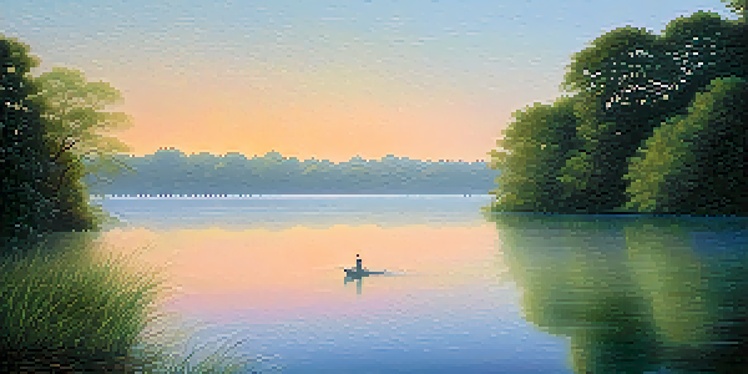 A peaceful dawn landscape with a lake reflecting pastel colors and a solitary figure gazing into the distance, surrounded by greenery and mist.