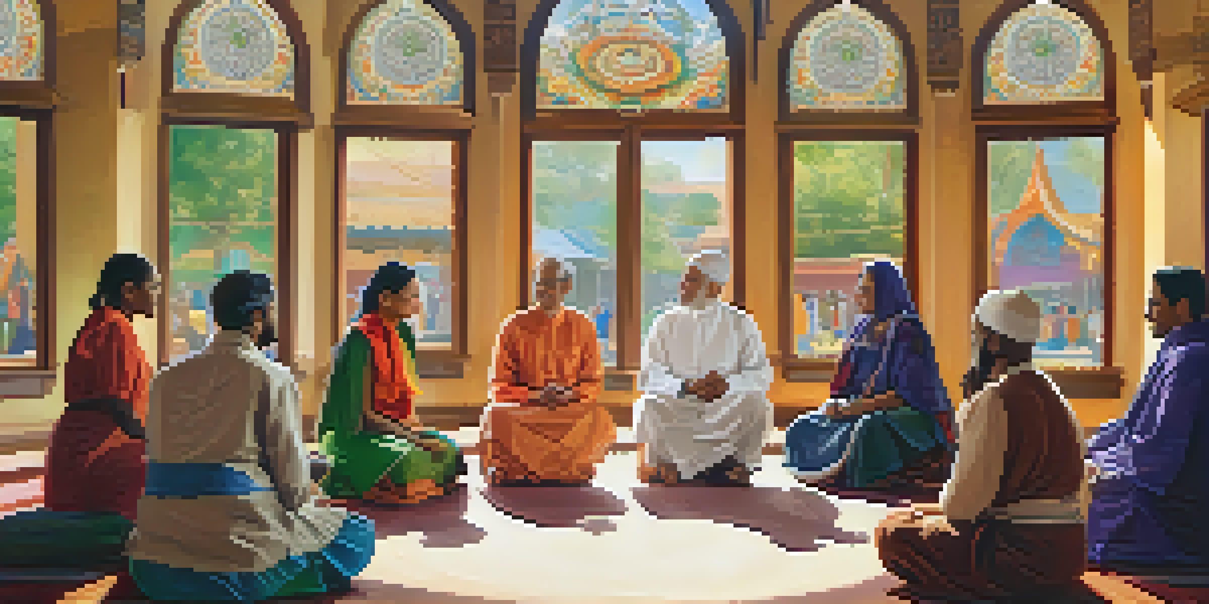 A diverse group of people in traditional attire discussing in a circle at a community center, illuminated by soft natural light.