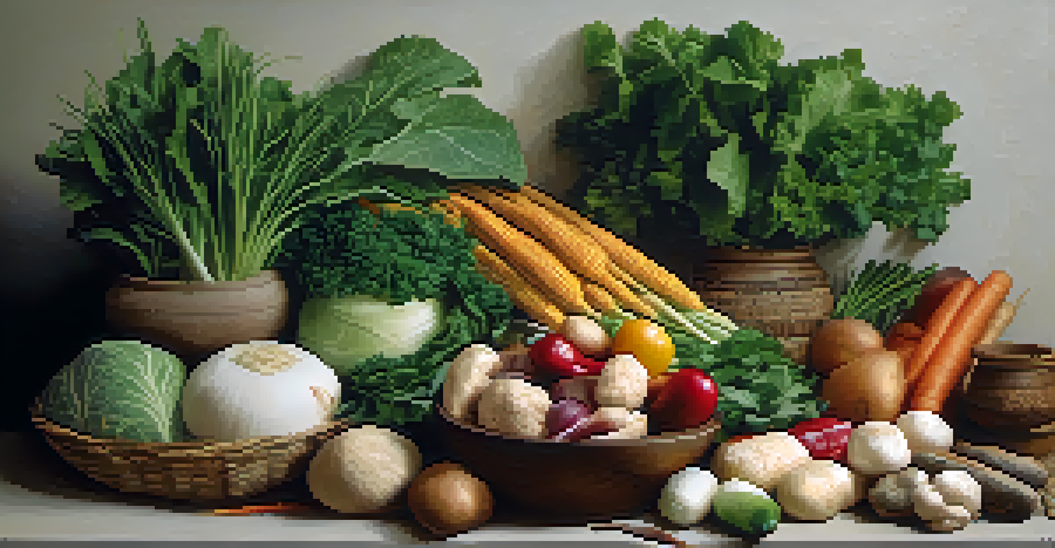 A still life arrangement of seasonal Native American foods, showcasing greens, root vegetables, and grains, set against a backdrop of natural elements.