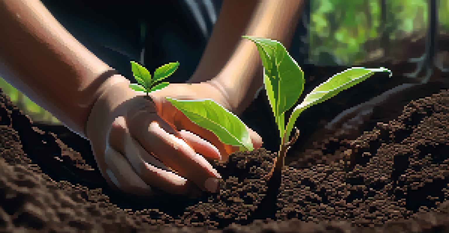 A hand planting a young sapling in soil, with a blurred forest in the background.