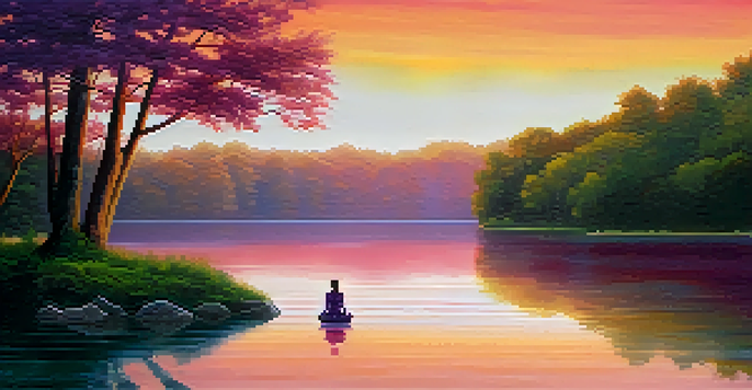 A person meditating by a tranquil lakeside at sunset, with colorful reflections in the water and surrounded by nature.