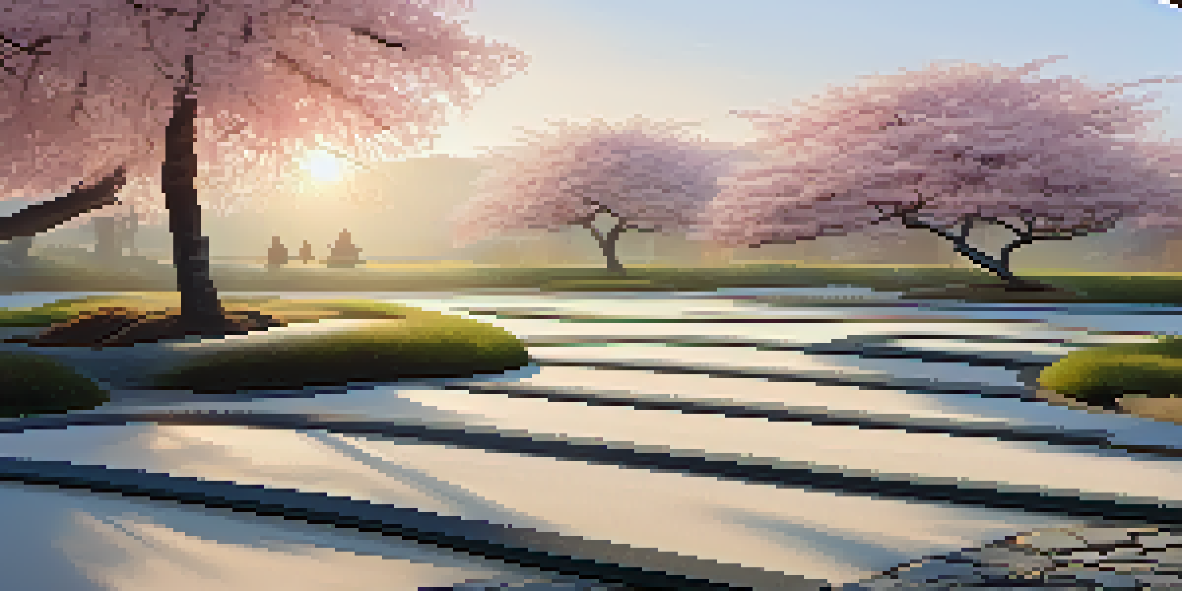 A peaceful Zen garden at sunrise with raked gravel, stones, and cherry blossom trees.