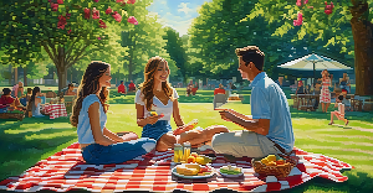 A group of friends having a summer picnic on a checkered blanket in a sunlit park, surrounded by flowers and delicious food.