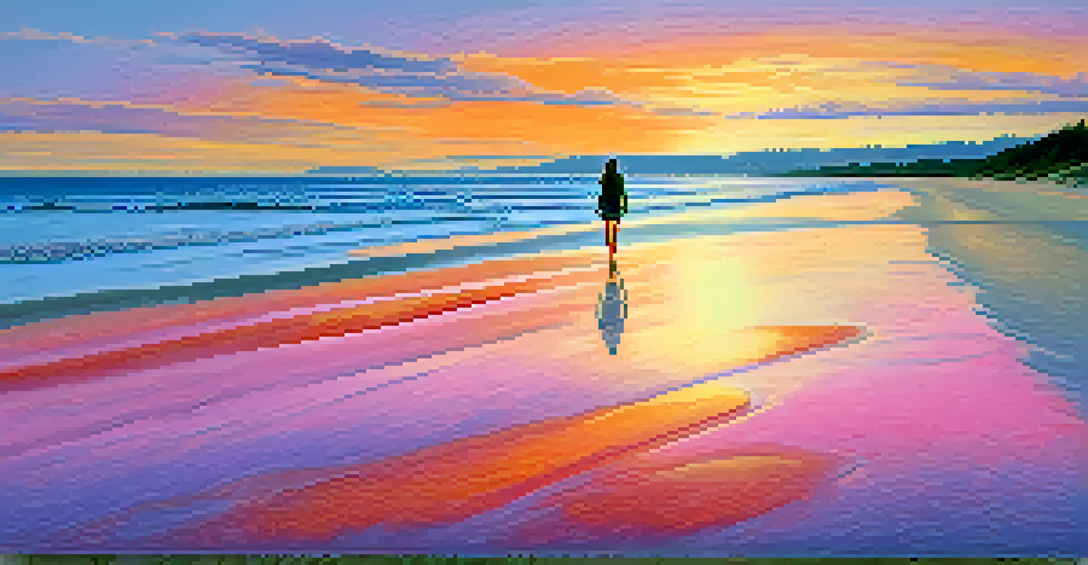 A person walking mindfully along a beach at sunset, with vibrant sky colors reflecting on the water.