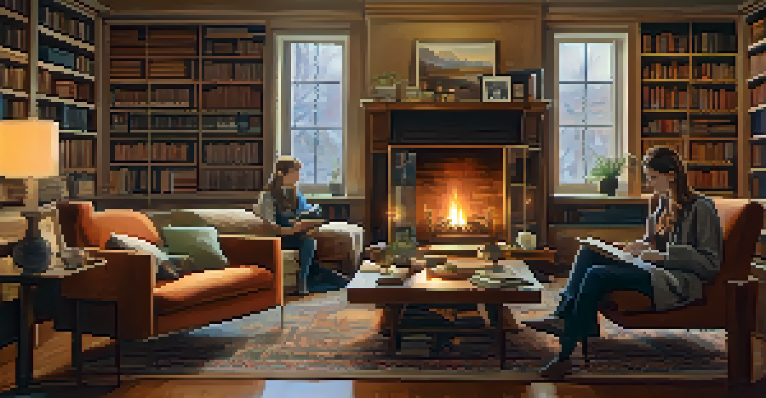 Two friends sitting on a rug in a cozy living room, talking by a fireplace with a warm ambiance.
