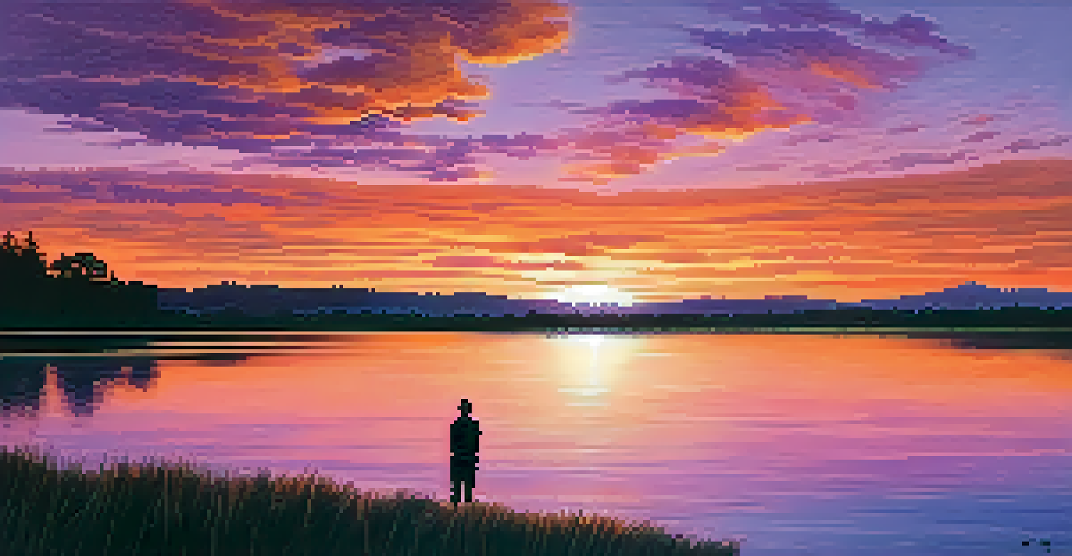 A person silhouetted against a colorful sunset over a calm lake, reflecting on gratitude in nature.