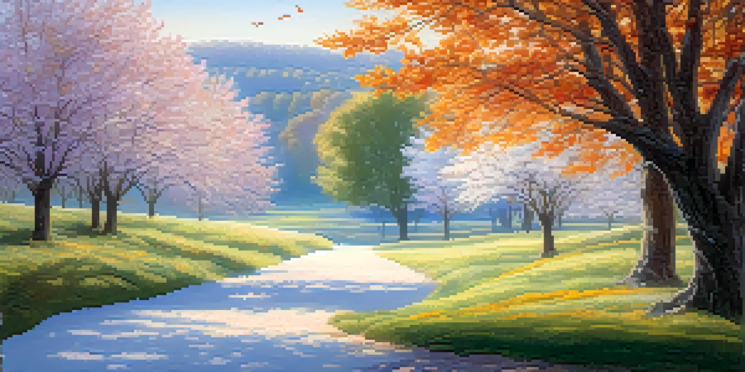 A landscape showing the four seasons: spring blossoms, summer meadow, autumn leaves, and winter snow under gentle sunlight.