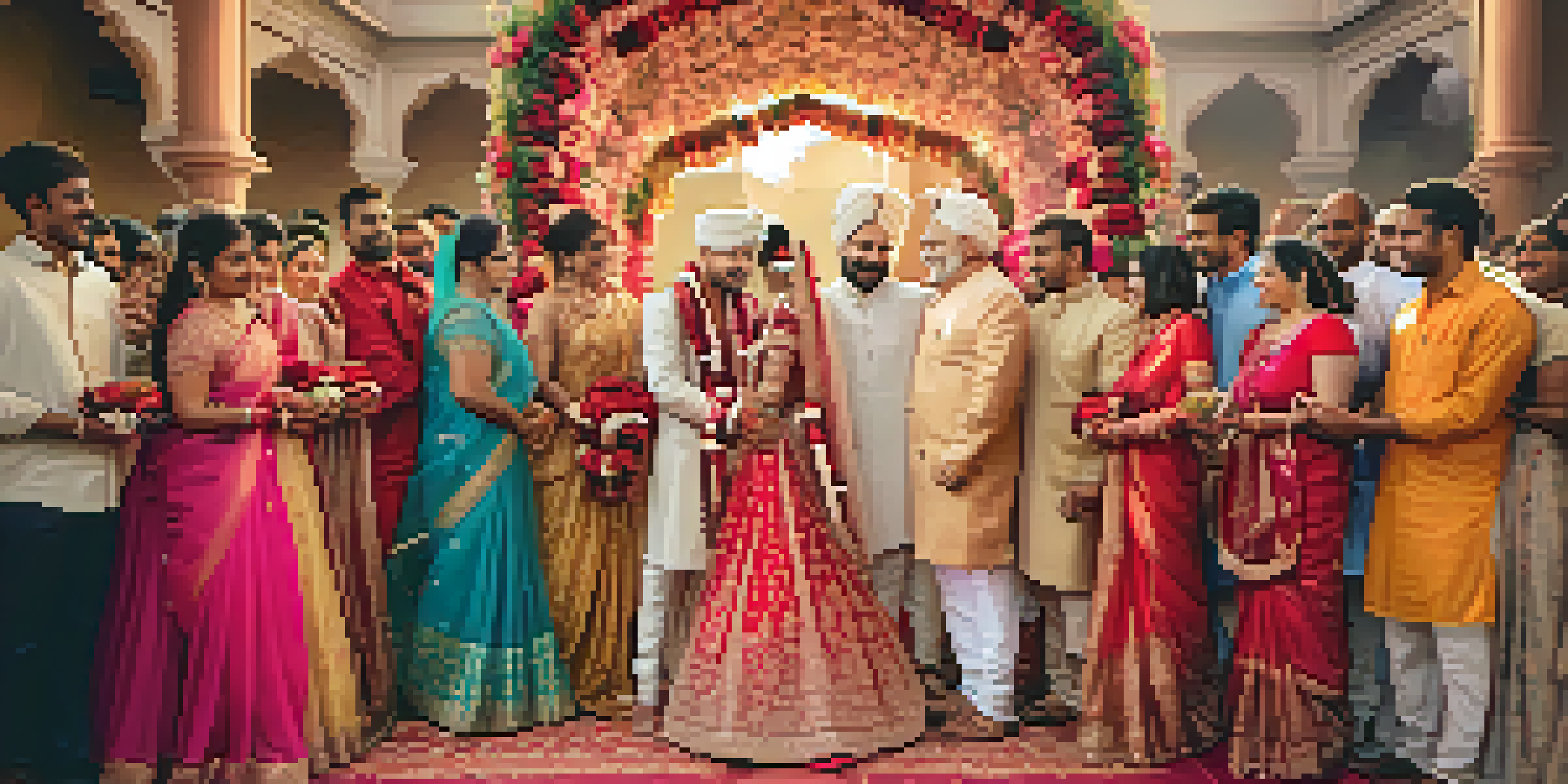 A joyful Indian wedding ceremony with a couple exchanging garlands under a floral arch, surrounded by family and friends in colorful attire.
