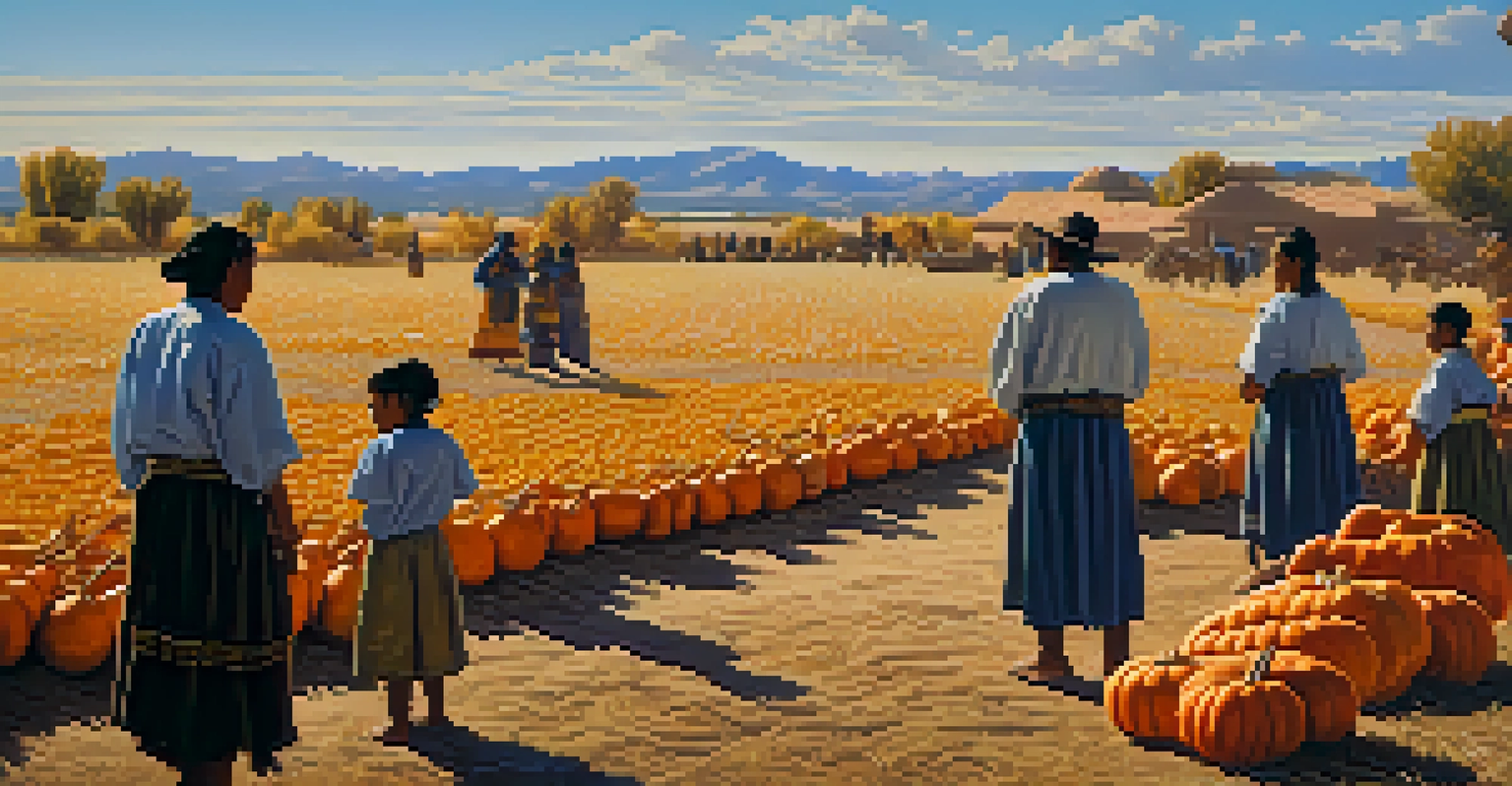 A scenic view of a Pueblo community harvest with fields of corn and squash, showcasing individuals in a ceremonial setting.
