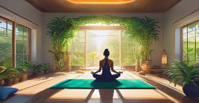 A person meditating in a peaceful room surrounded by green plants and colorful chakra symbols.
