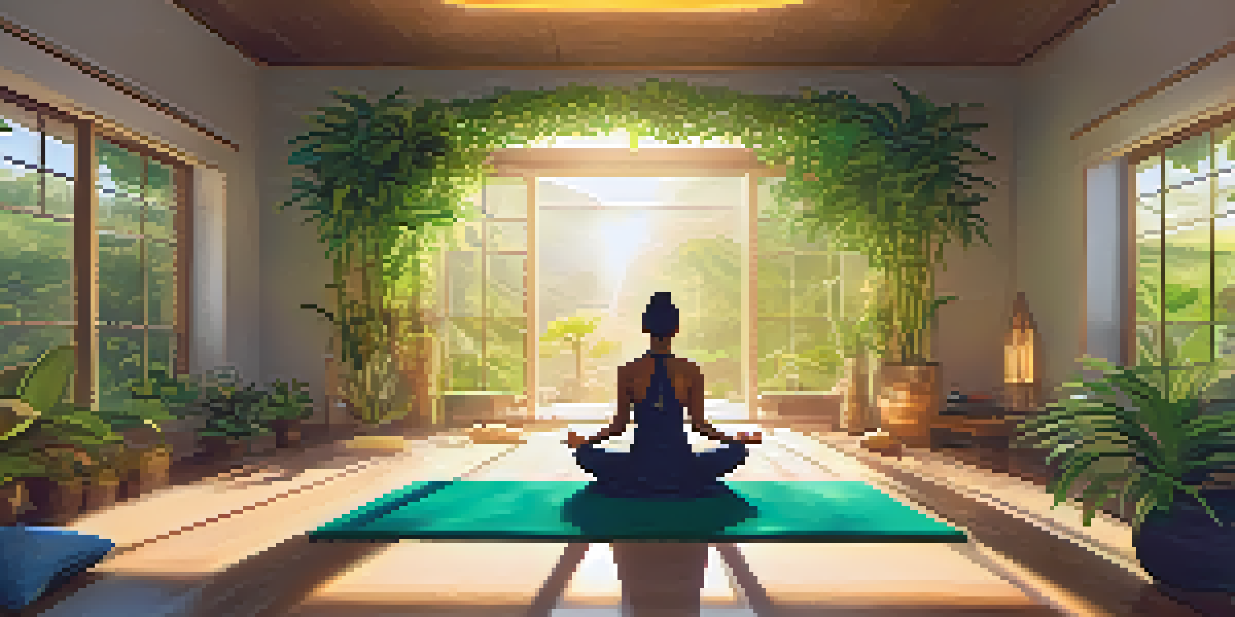 A person meditating in a peaceful room surrounded by green plants and colorful chakra symbols.