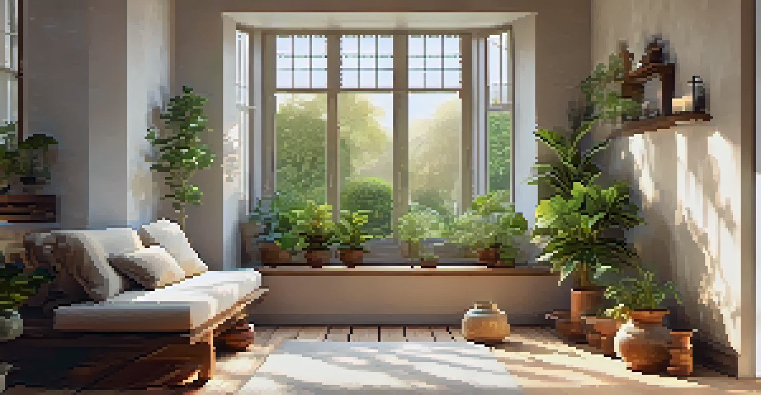 A cozy meditation space with a cushion on a wooden floor, surrounded by plants and candles, with soft light filtering through a window.
