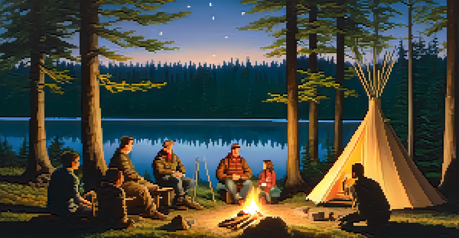 A group of people sitting around a campfire in a forest, enjoying the warmth and sharing stories under a starry sky.