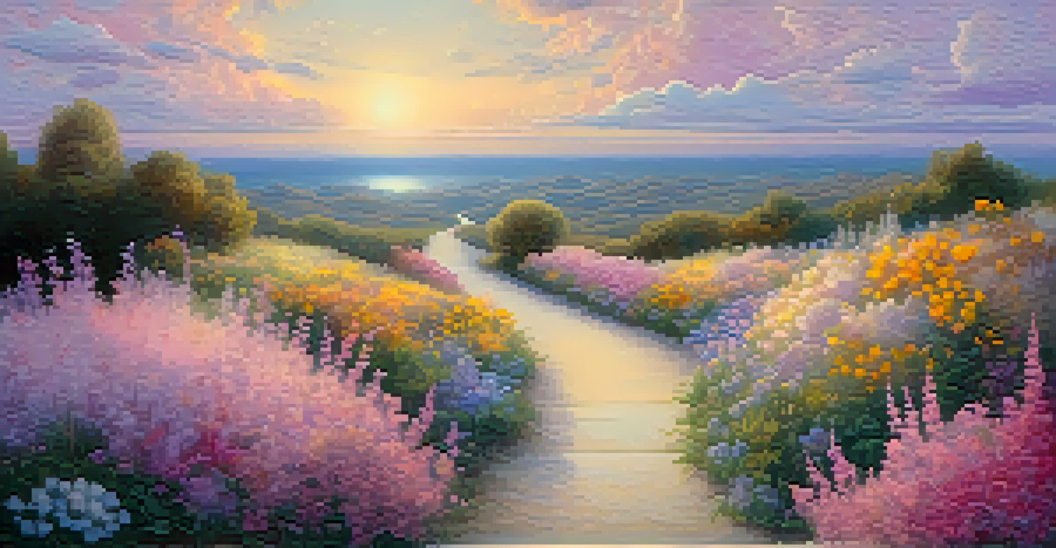 A dreamlike pathway made of clouds leading into a bright horizon, with pastel colors and whimsical flowers.