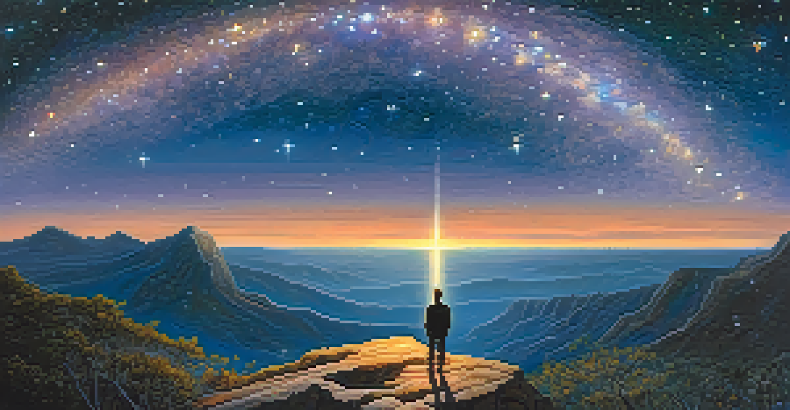 A figure on a cliff looking into a starry universe, representing existentialism.