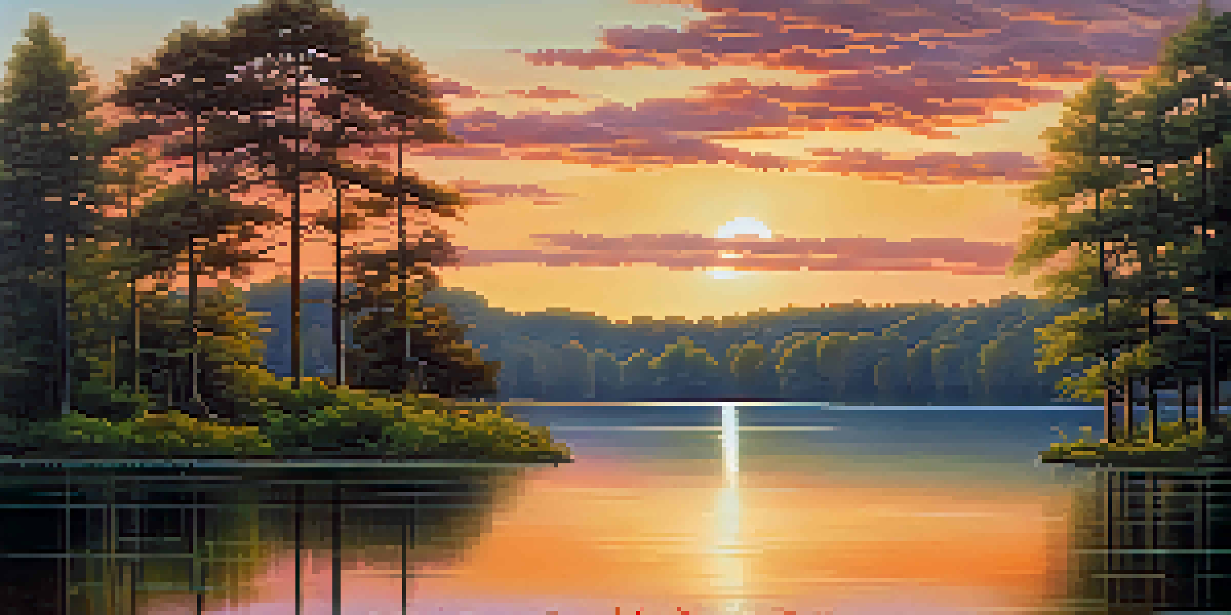 A calm lake with trees around it and a colorful sunset reflecting on the water.