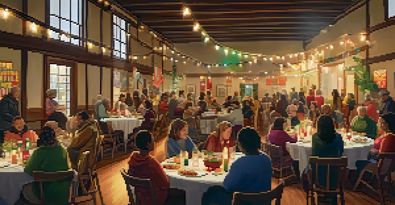 A community celebration in a cozy hall with string lights and banners, where individuals share food and engage in activities, creating a warm and welcoming atmosphere.