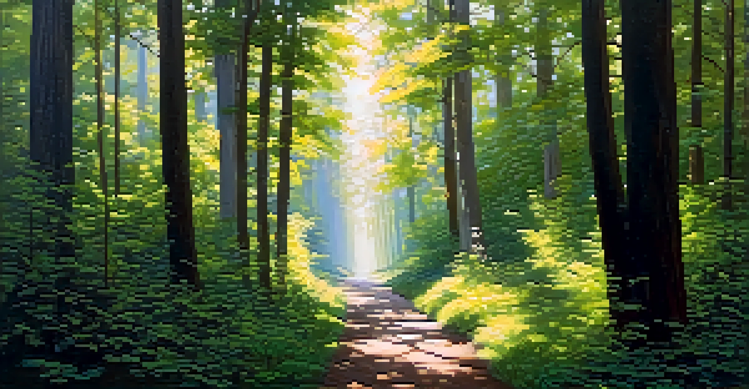 A person walking on a forest path, observing a butterfly in a sunlit setting.