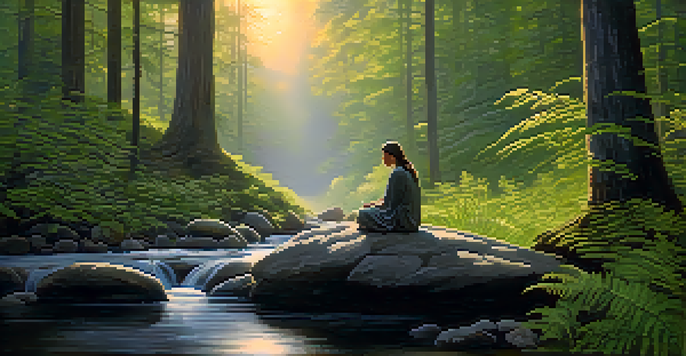 A tranquil forest with sunlight shining through trees, a stream in the foreground, and a person meditating on a rock.