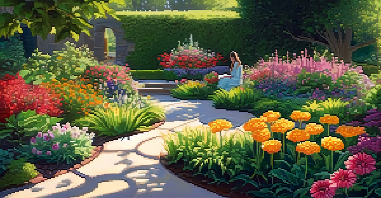 A person kneeling in a colorful garden, taking notes and appreciating nature under dappled sunlight.