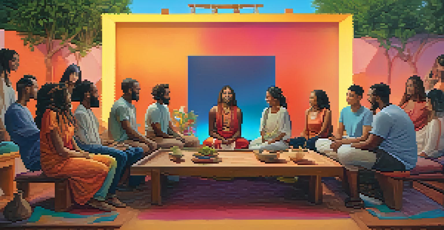 A diverse group of people in a video call, each in their unique spiritual environments, symbolizing connection.