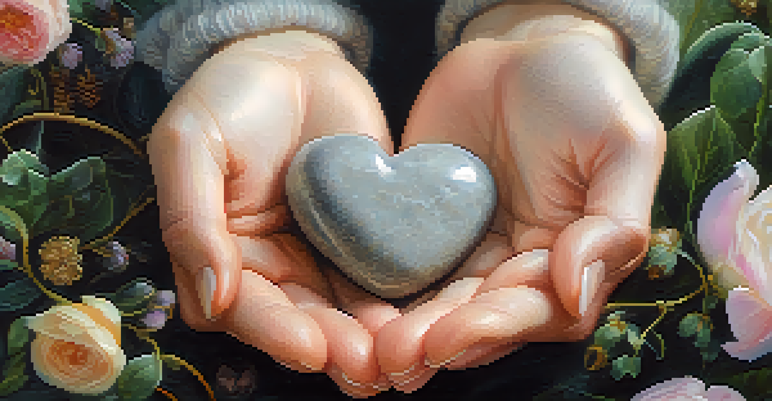 A close-up of hands holding a heart-shaped stone, symbolizing self-compassion, with a softly blurred background of greenery and flowers.