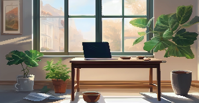 A peaceful workspace with a wooden desk, laptop, potted plant, and natural light, creating a calming atmosphere.