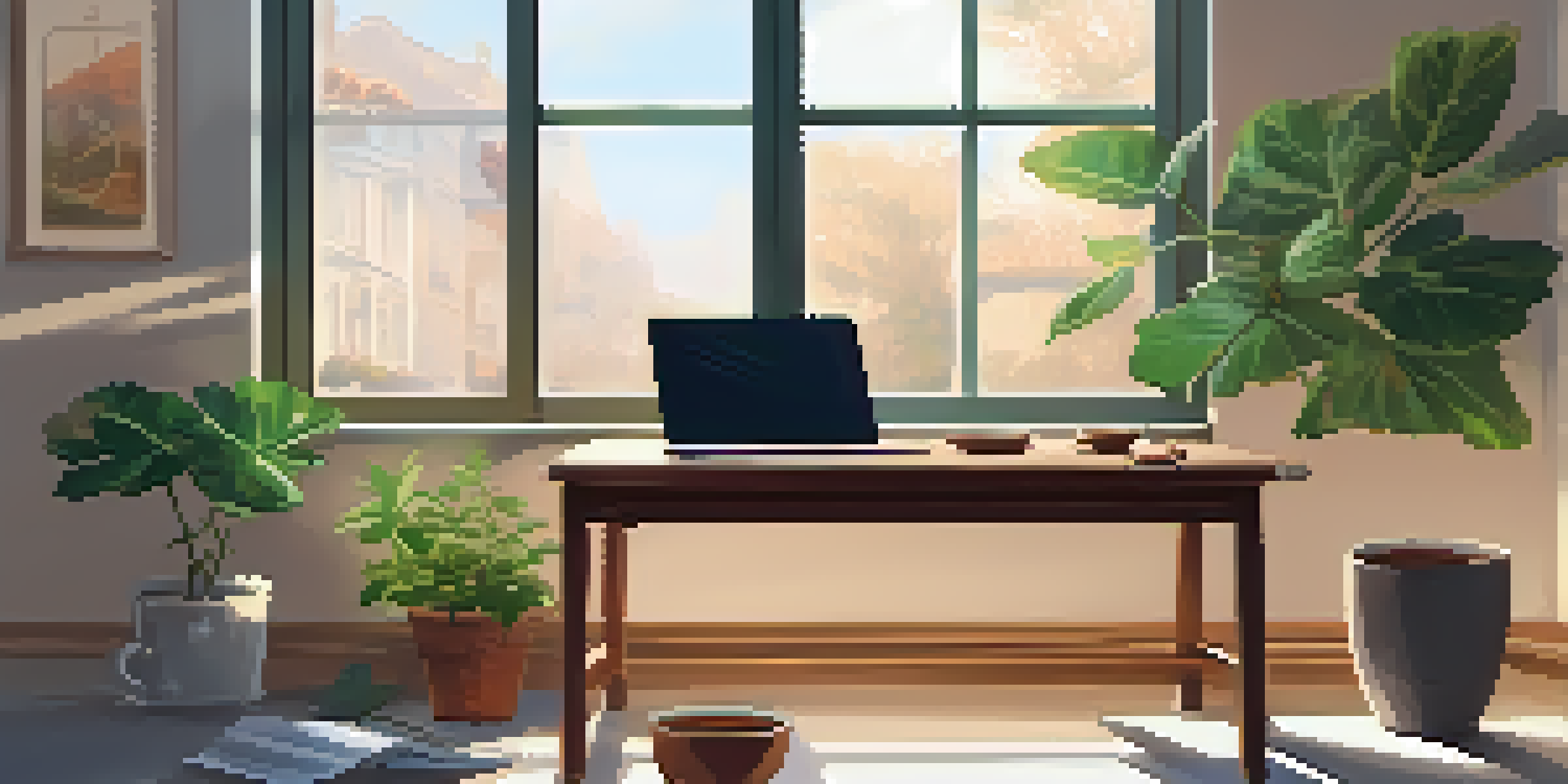 A peaceful workspace with a wooden desk, laptop, potted plant, and natural light, creating a calming atmosphere.