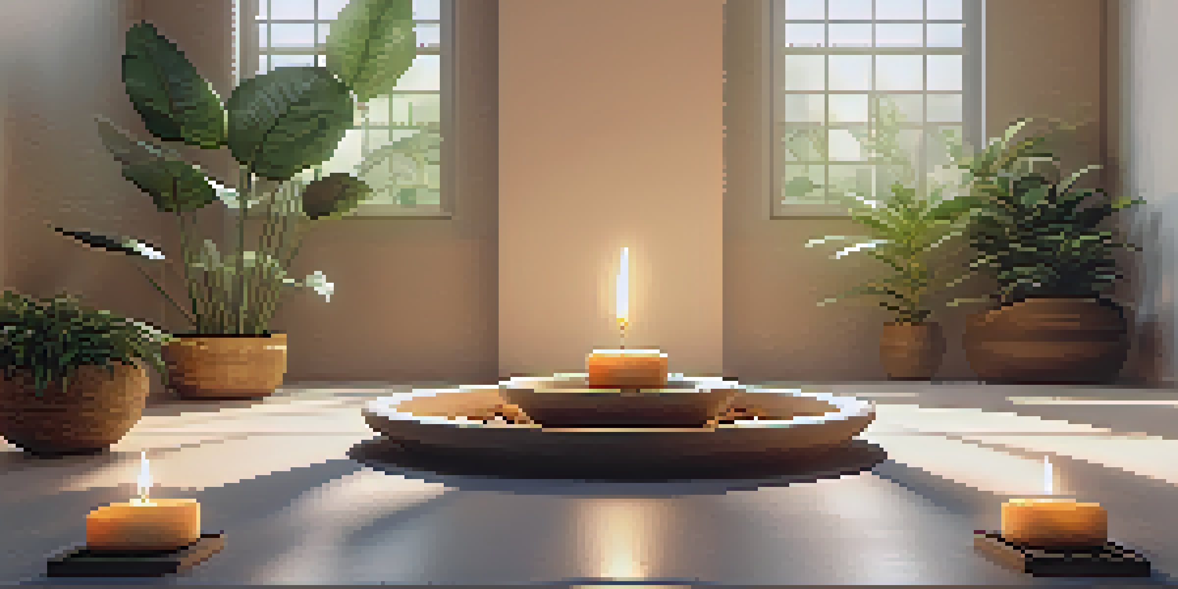 A cozy meditation space with a soft mat, indoor plants, soft candlelight, and a small fountain, creating a tranquil atmosphere.