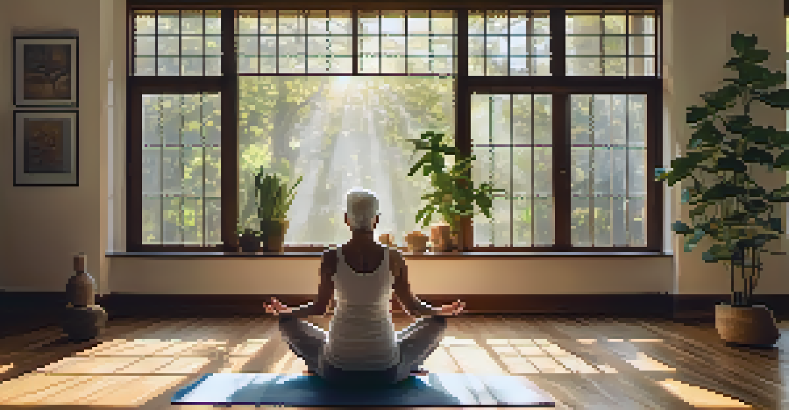 An older adult practicing yoga in a sunlit room, with natural light and plants creating a peaceful atmosphere.