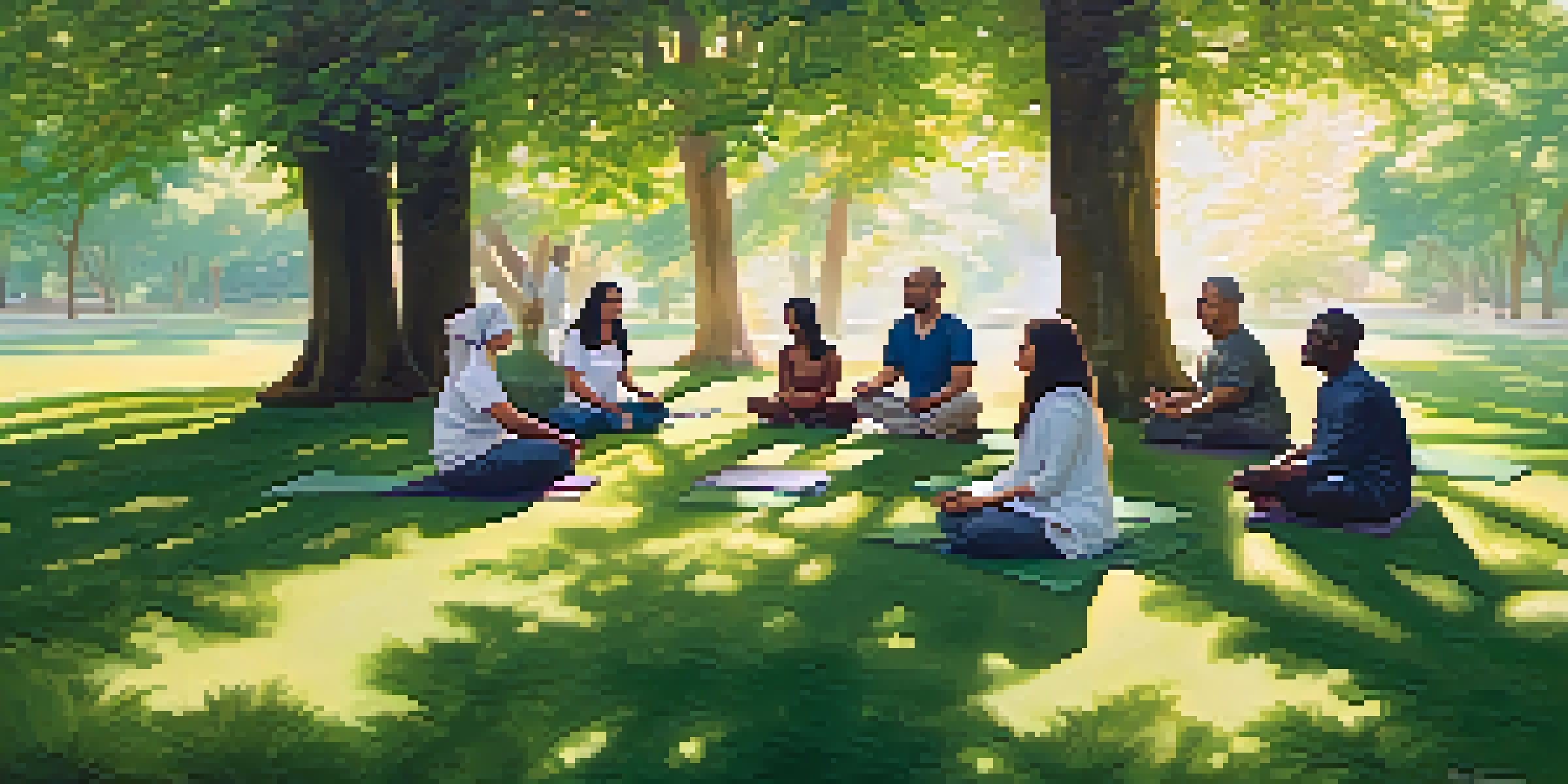 A diverse group of people meditating in a peaceful park filled with greenery and sunlight, showcasing harmony and spirituality.
