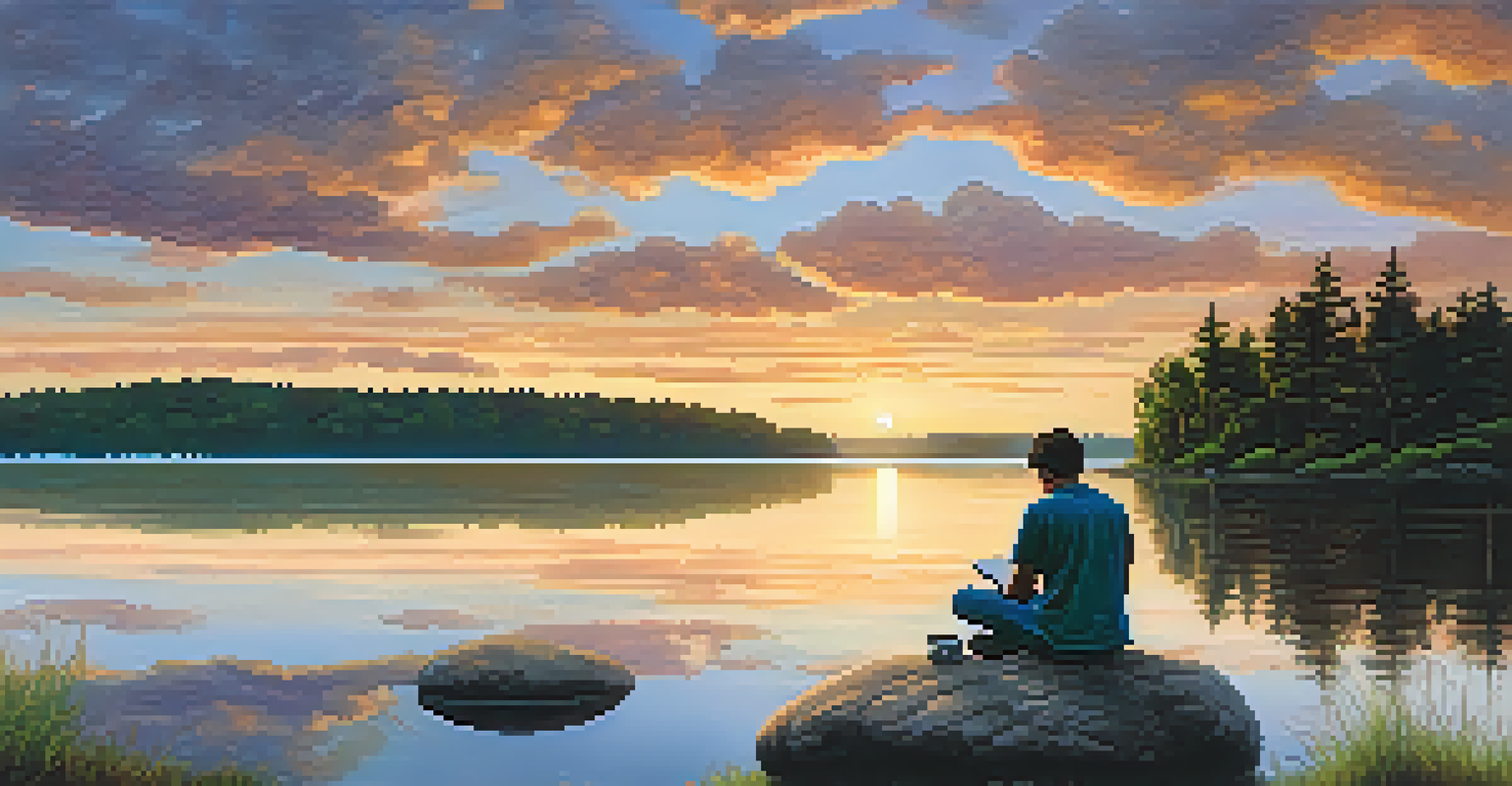 A person journaling on a rock by a tranquil lake at sunset, with colorful reflections in the water.