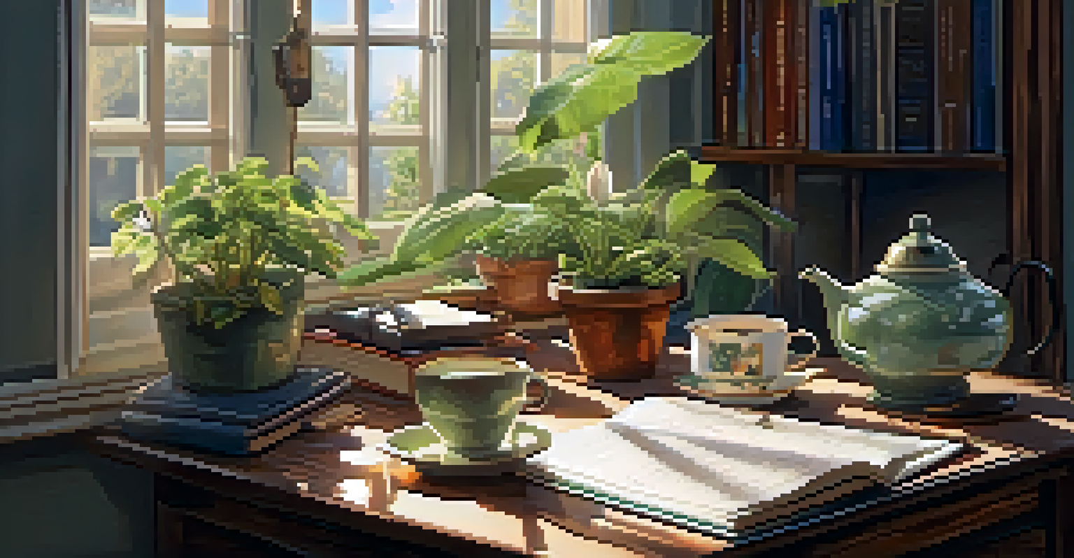 A person writing in a journal at a wooden desk in a sunlit room filled with plants and books.