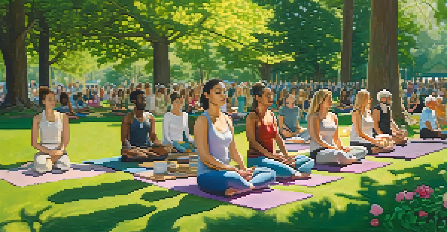 A diverse group of people practicing mindfulness in a sunny park, surrounded by trees and flowers, some sitting on yoga mats, others standing with eyes closed.