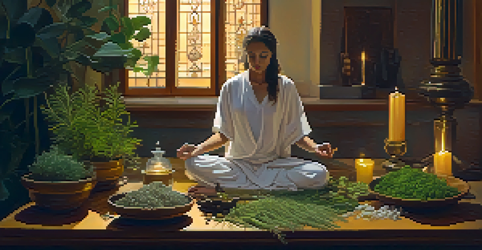 A person meditating beside an altar filled with herbs and crystals, illuminated by warm candlelight, creating a calming atmosphere.