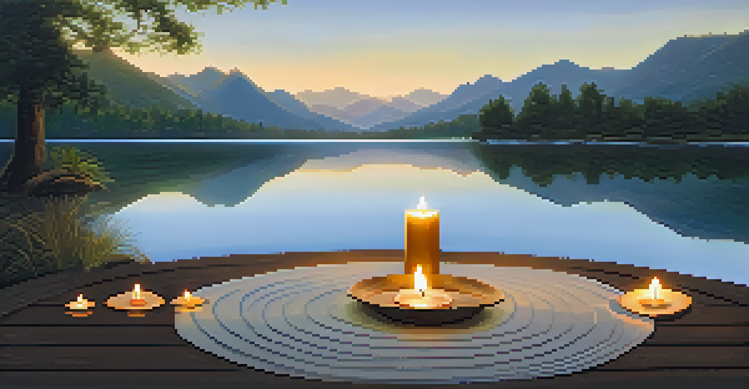 An outdoor meditation space by a lake, featuring a yoga mat and candles, with mountains and trees reflected in the water.