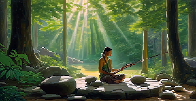 A person meditating in a forest surrounded by musical instruments, with soft sunlight filtering through the trees.
