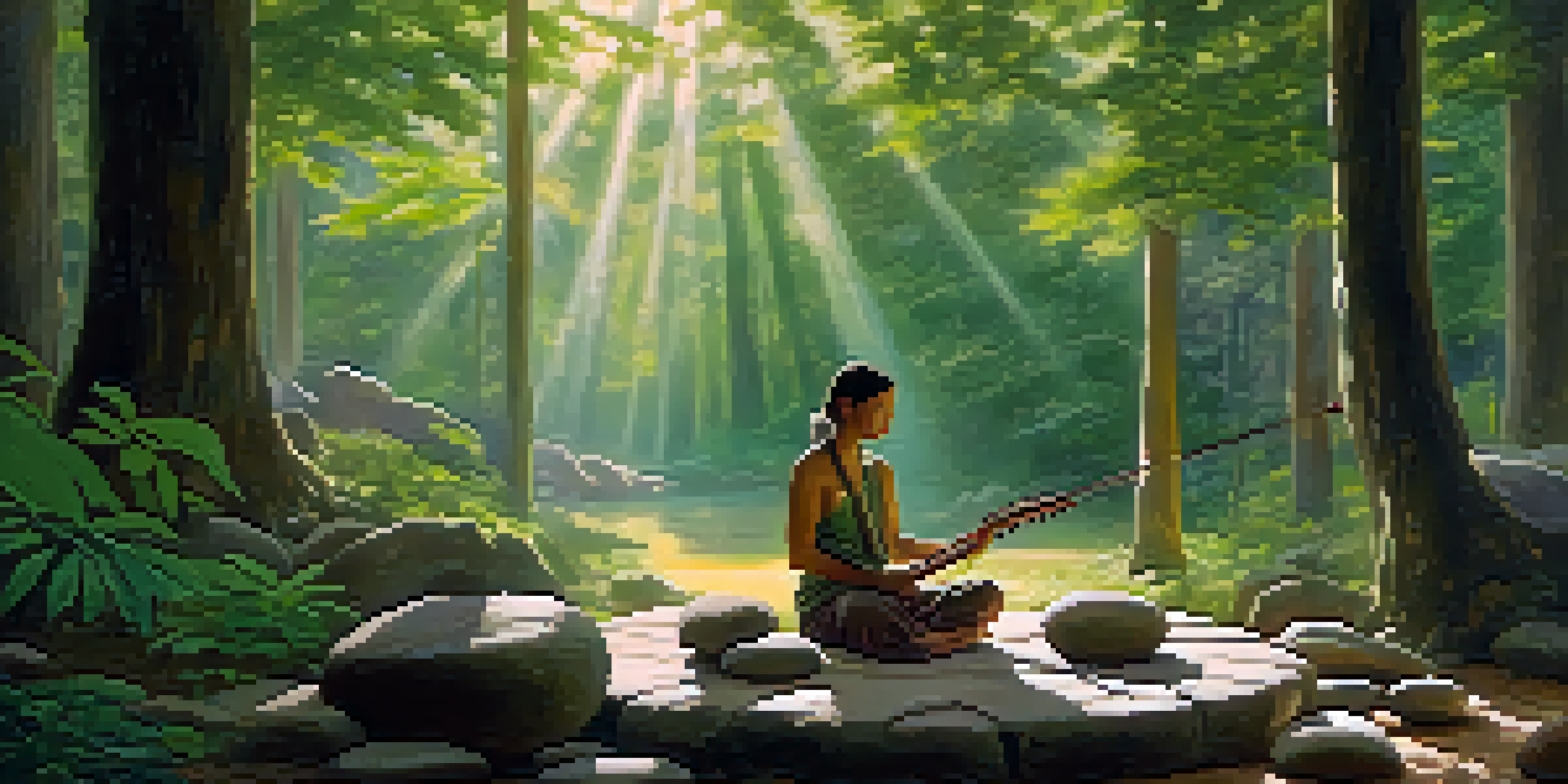 A person meditating in a forest surrounded by musical instruments, with soft sunlight filtering through the trees.