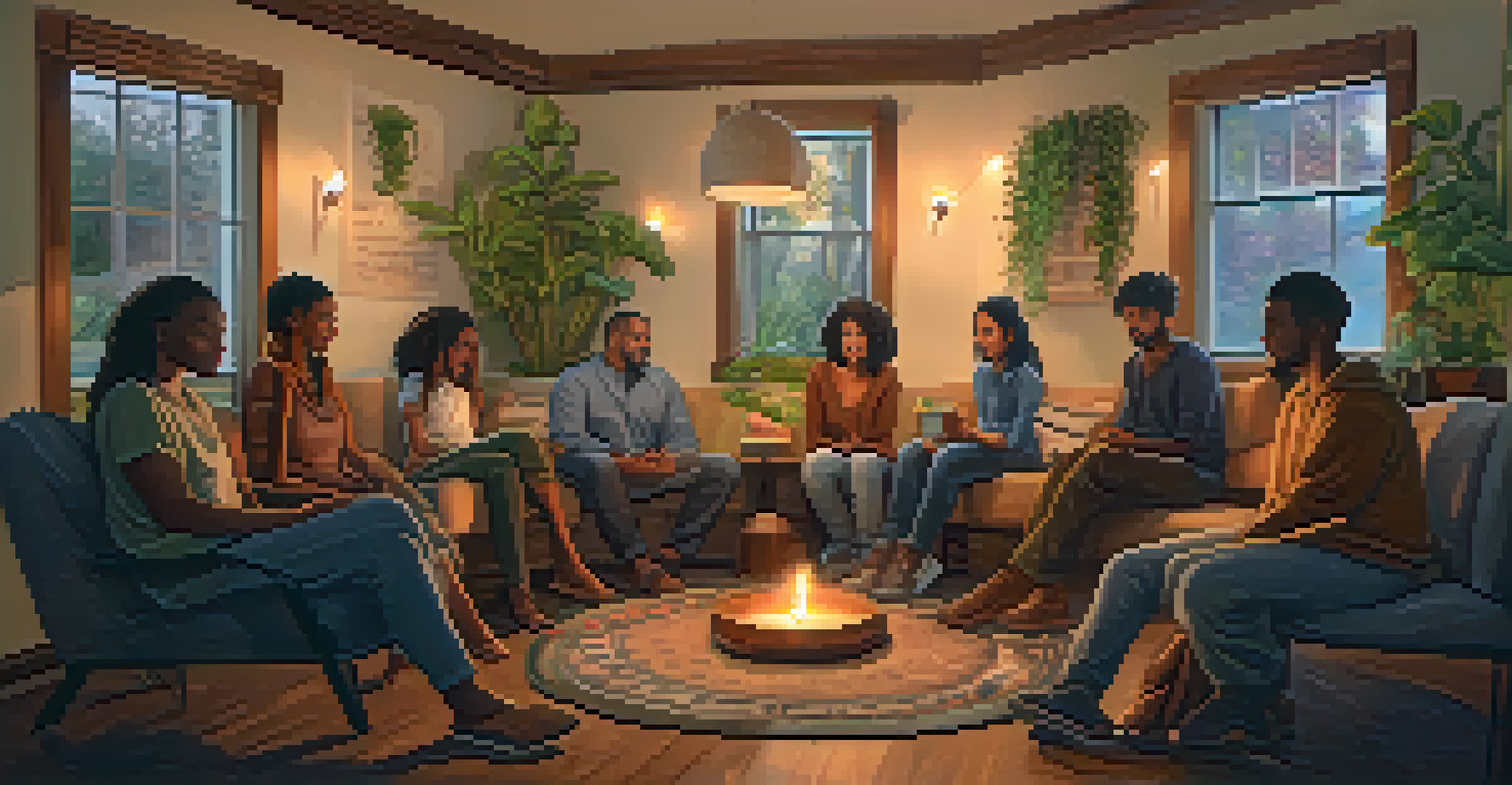 A diverse group of people sitting in a circle sharing stories in a cozy, candlelit room.