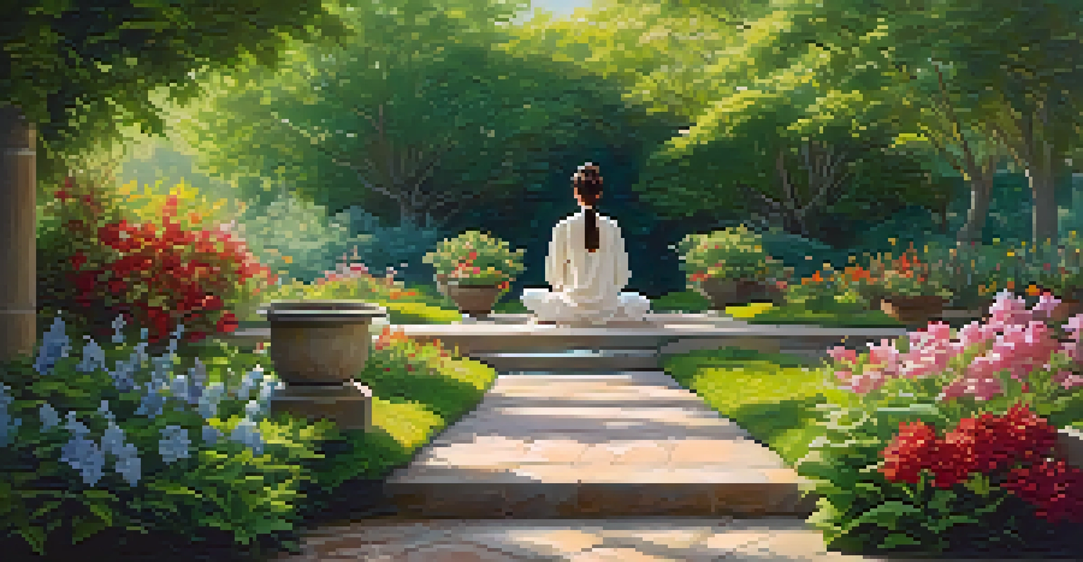 A person meditating in a peaceful garden filled with flowers and greenery.