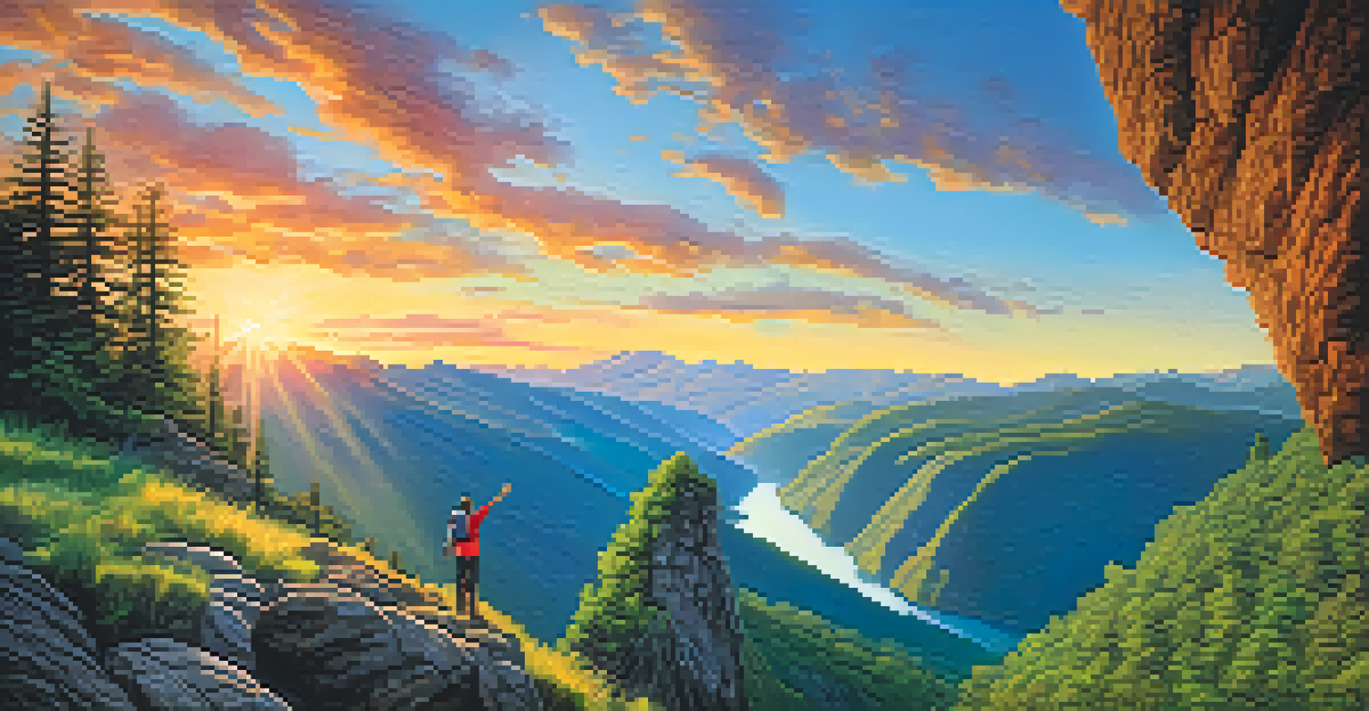 A hiker standing on a cliff at sunrise, with arms outstretched over a colorful mountain landscape.