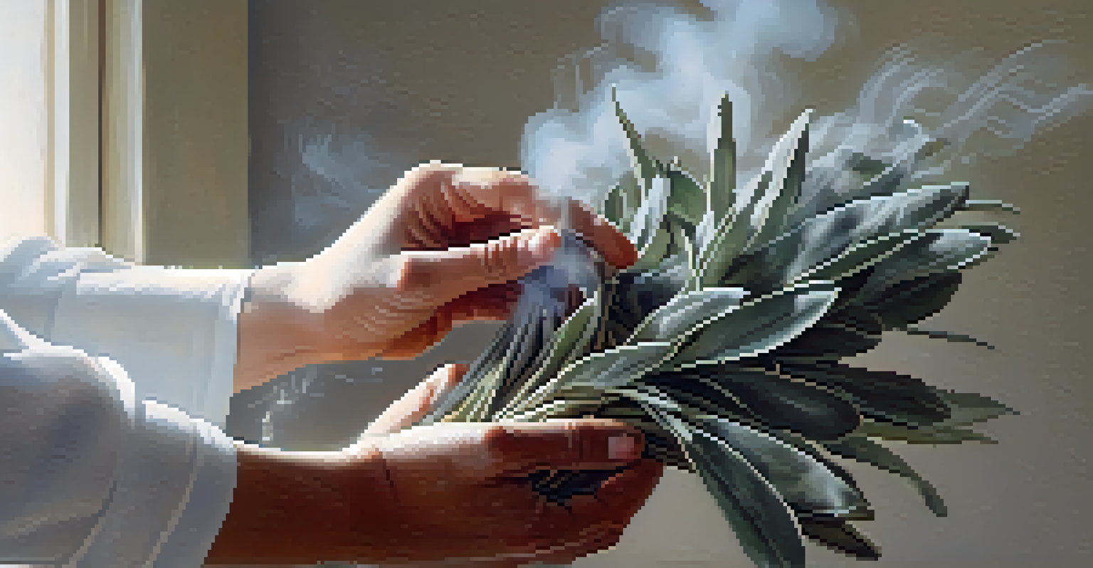 Close-up of hands holding burning sage with smoke rising in a softly blurred room.