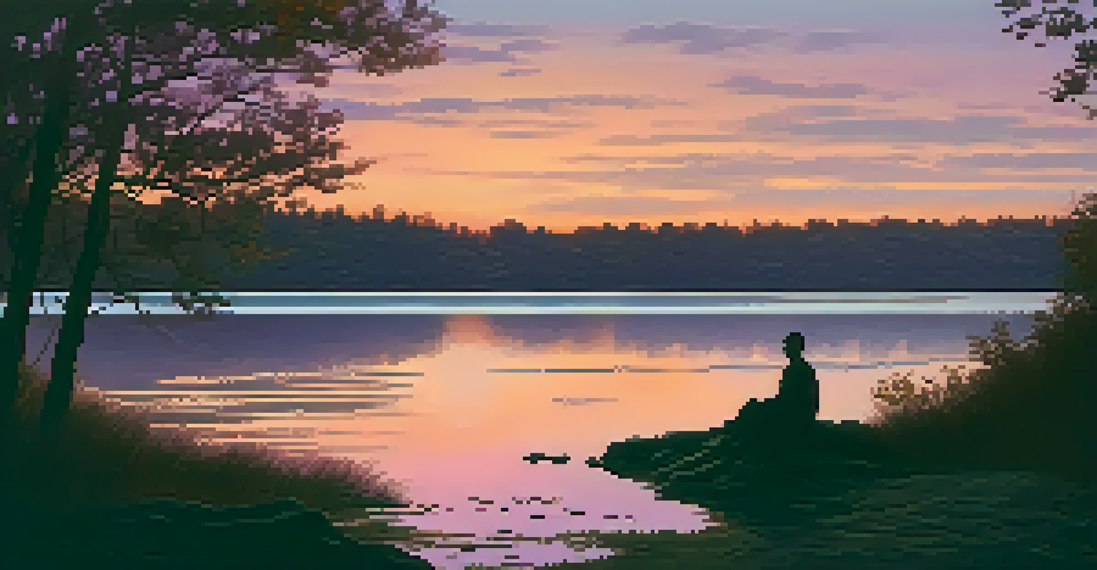 A tranquil lakeside at sunset, with colorful reflections on the water and a figure in quiet contemplation.