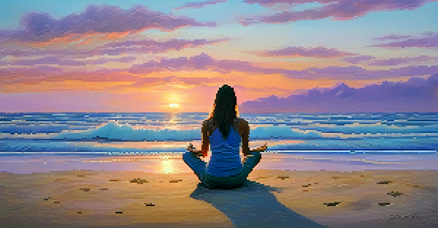 A person meditating on the beach at sunset, surrounded by colorful skies and gentle waves, embodying tranquility and spiritual awakening.