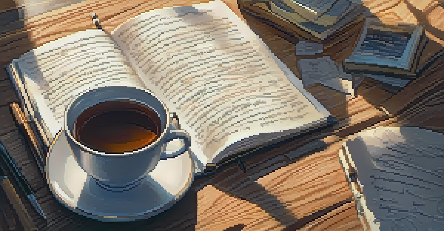 A close-up of a journal with handwritten notes and a cup of tea on a wooden table.