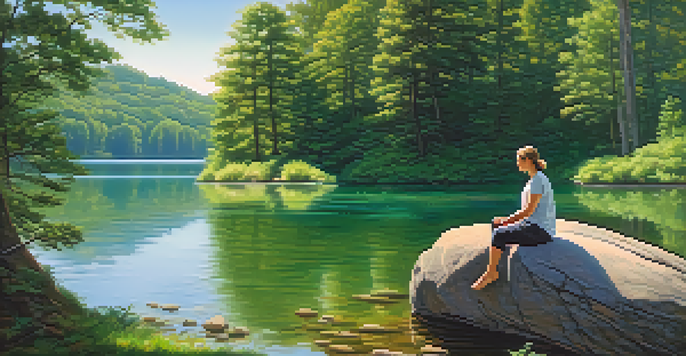 A peaceful scene with a person meditating by a calm lake surrounded by trees, with sunlight filtering through the leaves.