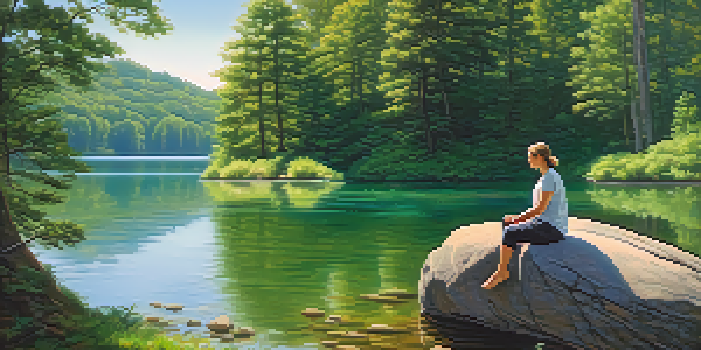 A peaceful scene with a person meditating by a calm lake surrounded by trees, with sunlight filtering through the leaves.